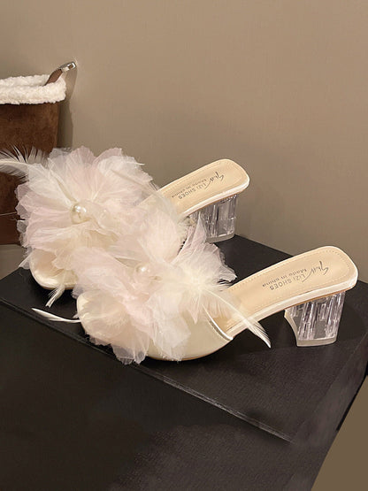 Square Heel Feathers Open Toe Three-Dimensional Flower Sandals
