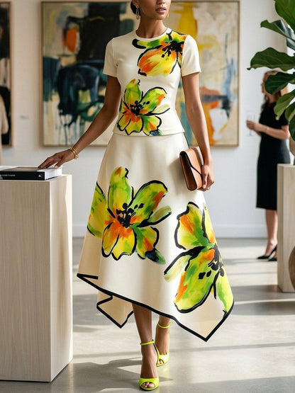 Short Sleeves Flower Print Round-Neck T-Shirts Tops