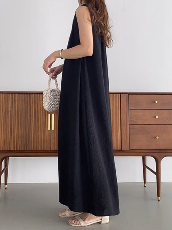 High Waisted Loose Pleated Solid Color Tied Round-Neck Maxi Dresses