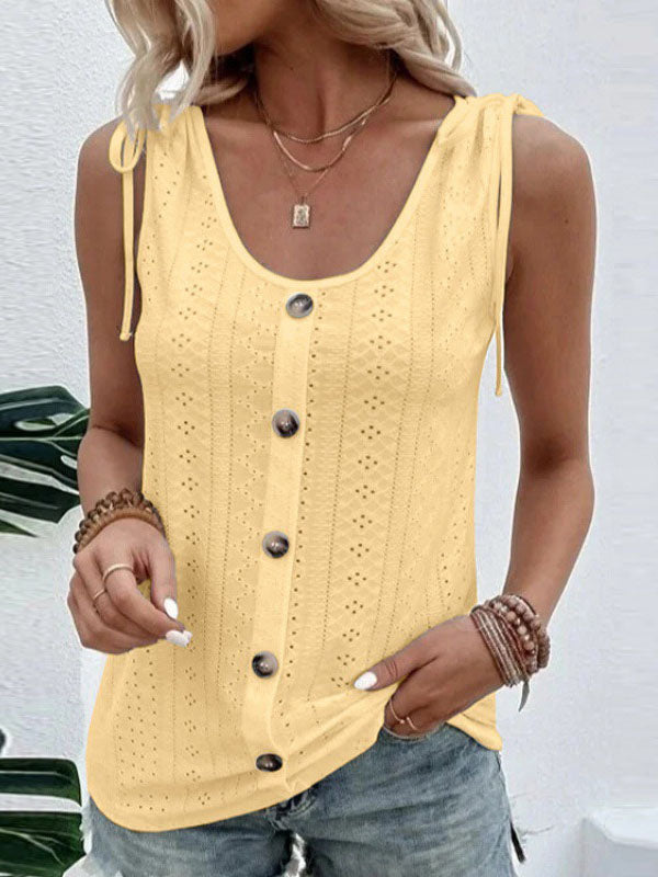 Loose Plus Size Buttoned Hollow Pleated Split-Joint Tied U-neck Vest Top