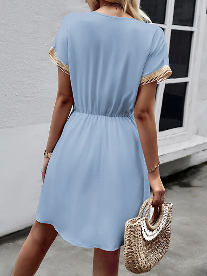 A-Line Elasticated Waist Contrast Color Drawstring Hollow Split-Joint Tasseled Tied V-Neck Mini Dresses