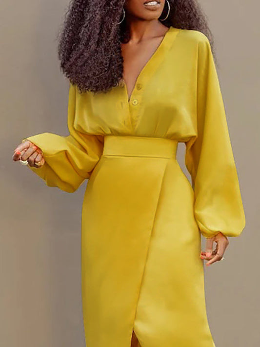 Long Sleeves Loose Buttoned Solid Color V-Neck Blouses&Shirts Tops