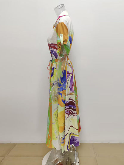 Loose Asymmetric Printed Lapel Blouse + A-Line Drawstring Elasticity Skirt Two Pieces Set
