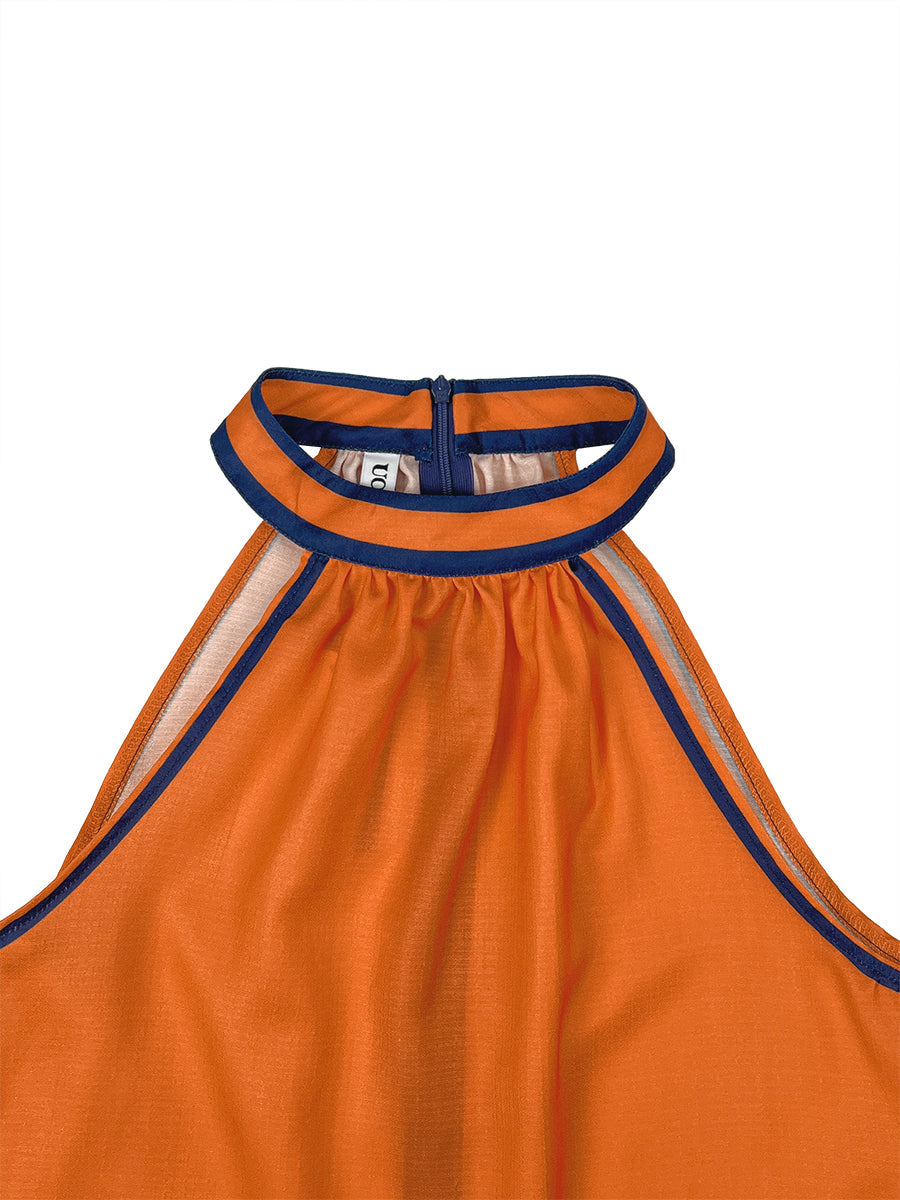 A-Line Sleeveless Contrast Color Pockets Zipper Halter-Neck Mini Dresses