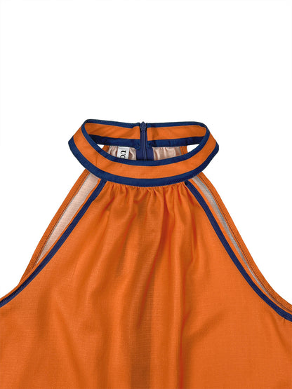 A-Line Sleeveless Contrast Color Pockets Zipper Halter-Neck Mini Dresses