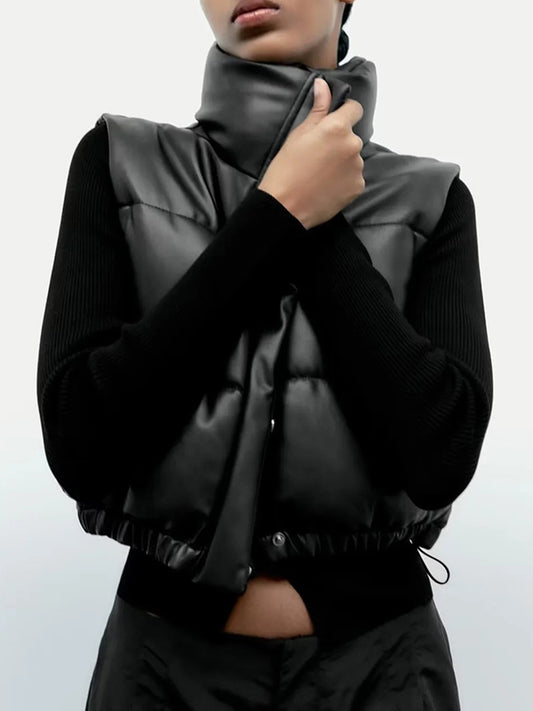 Skinny Sleeveless Drawstring Elasticity Solid Color Split-Joint Zipper Stand Collar Padded Vest