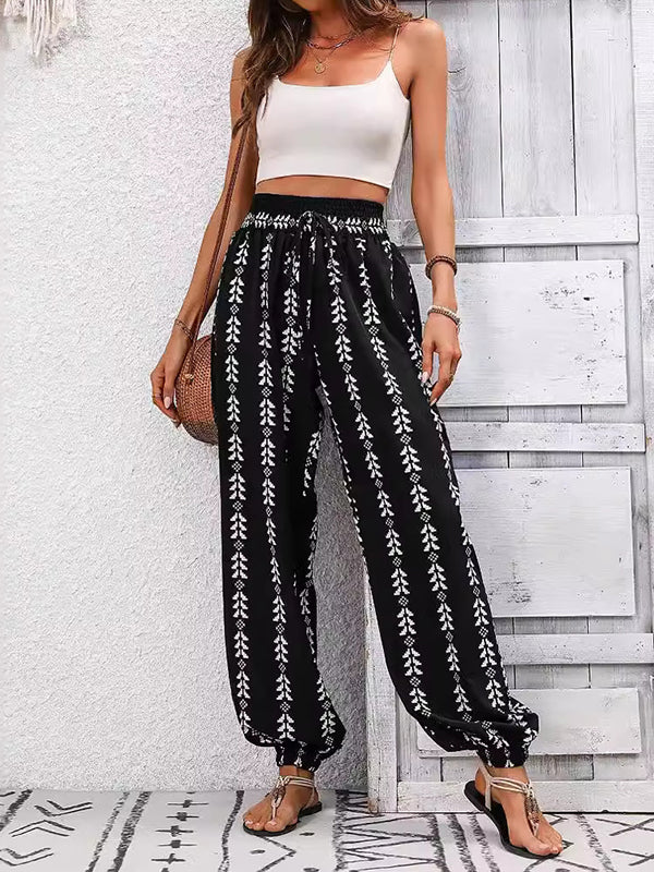 High Waisted Loose Drawstring Elasticity Pleated Printed Knickerbockers Pants Trousers