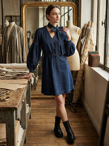 Long Sleeves Puff Sleeves Belted Bow-Embellished Solid Color V-Neck Mini Dresses