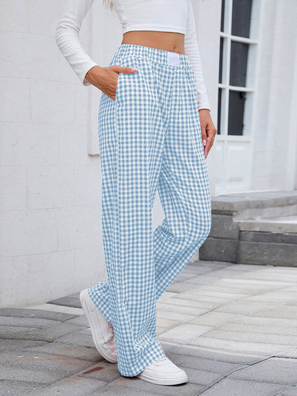 Elasticated Waist High Waisted Contrast Color Plaid Pockets Split-Joint Pants Trousers