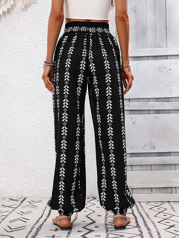 High Waisted Loose Drawstring Elasticity Pleated Printed Knickerbockers Pants Trousers