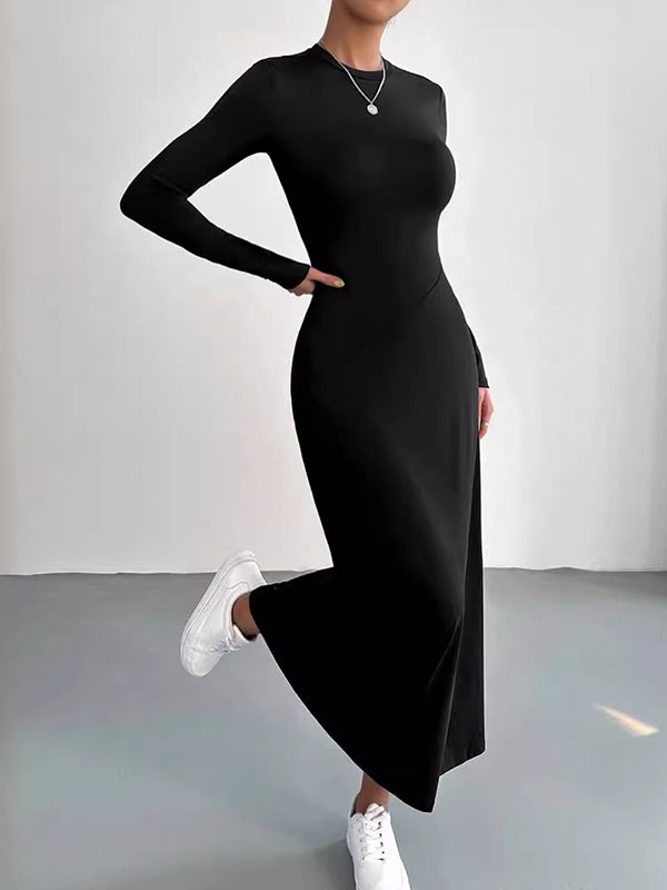 A-Line Bodycon Solid Color Round-Neck Maxi Dresses