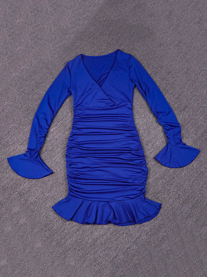 Bodycon Elasticated Waist Pleated Ruffled Solid Color Split-Joint V-Neck Midi Dresses