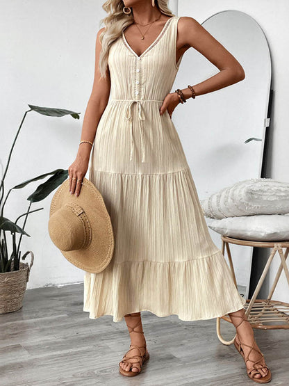 A-Line High Waisted Buttoned Pleated Solid Color Tied Waist V-Neck Maxi Dresses
