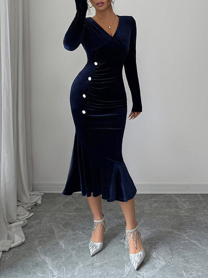 Bodycon High Waisted Buttoned Pleated Solid Color Velvet V-Neck Midi Dresses