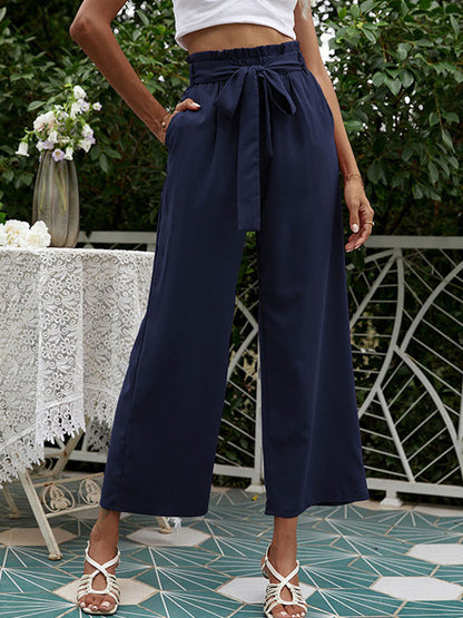 High Waisted Loose Pockets Solid Color Tied Waist Pants Trousers