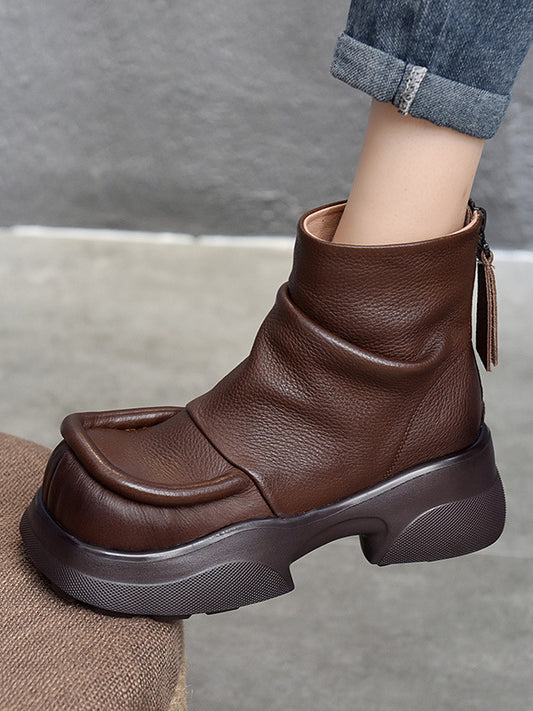 Platform Round-Toe Solid Color Zipper Boots