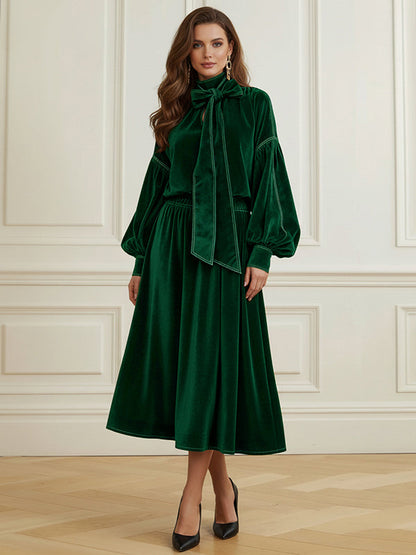 Long Sleeves Puff Sleeves Bow-Embellished Pleated Solid Color Split-Joint Tied Half Turtleneck Blouses&Shirts Tops