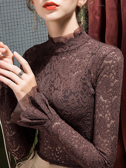 Flared Sleeves Long Sleeves See-Through Solid Color Split-Joint Mock Neck T-Shirts Tops