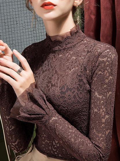 Flared Sleeves Long Sleeves See-Through Solid Color Split-Joint Mock Neck T-Shirts Tops