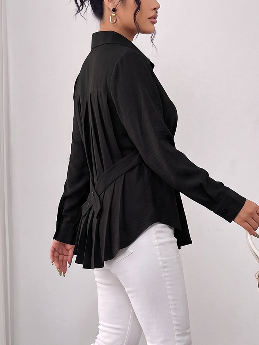 Tied Split-Joint Solid Color Pockets Pleated Buttoned Long Sleeves Lapel Blouses&Shirts Tops