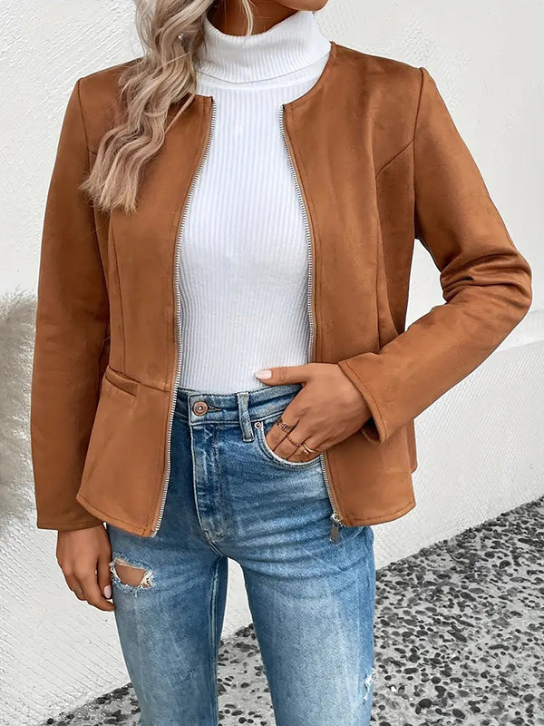 Long Sleeves Loose Pockets Solid Color Split-Joint Zipper Round-Neck Jackets Outerwear