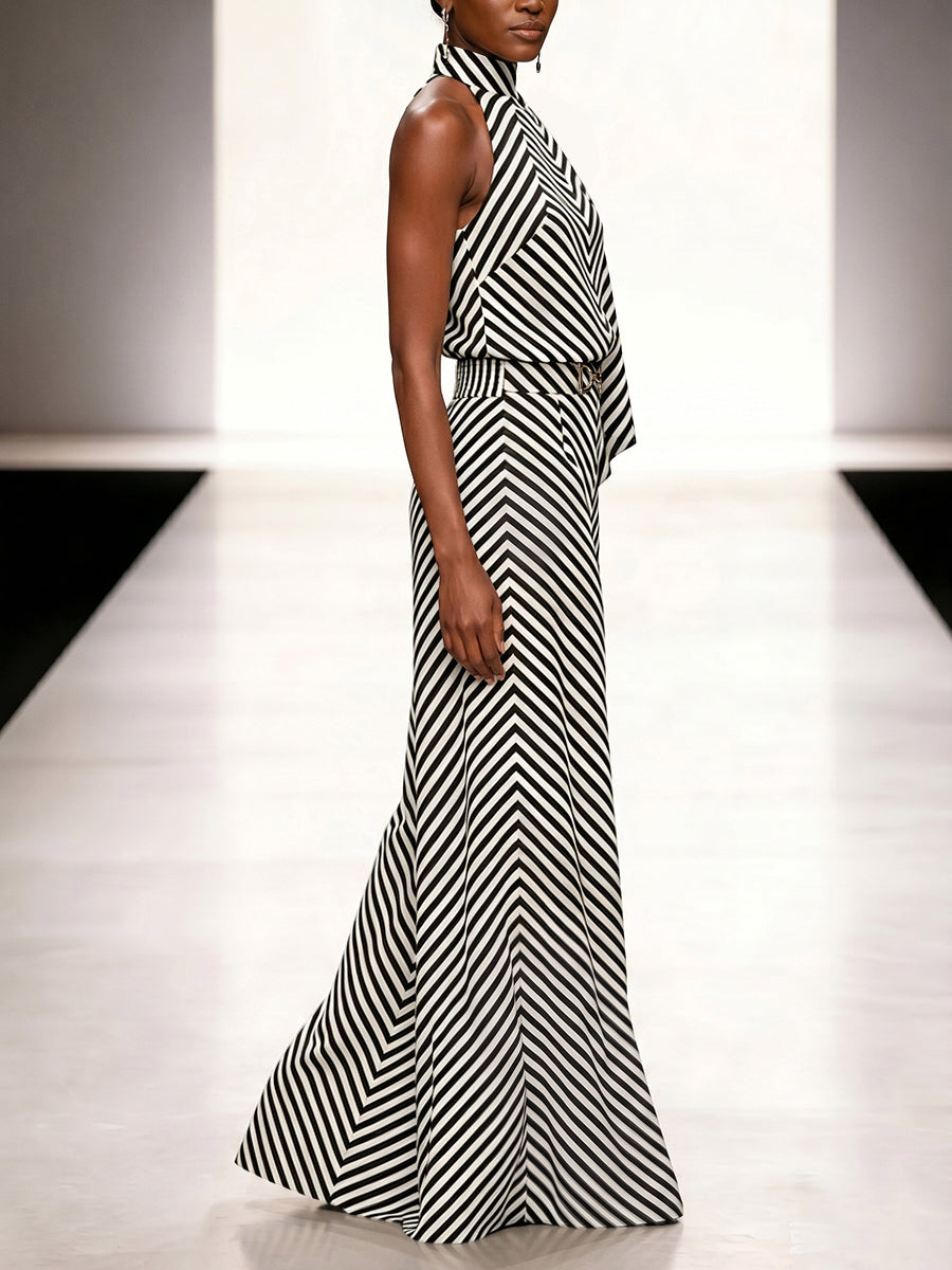 High Waisted Loose Buckle Contrast Color Elasticity Striped Pants Trousers