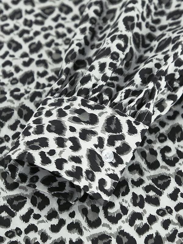 Loose Puff Sleeves Leopard Split-Joint Peter Pan Collar Blouses&Shirts Tops