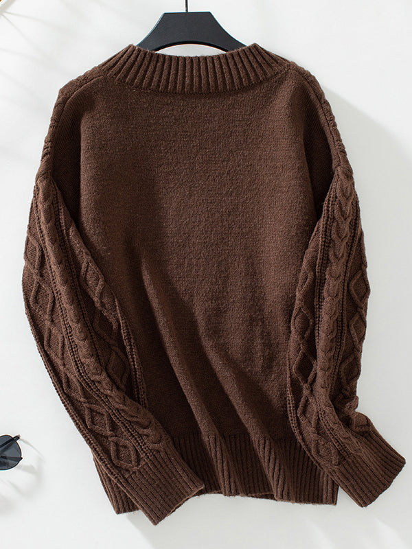 Long Sleeves Loose Solid Color Split-Joint V-Neck Pullovers Sweater Tops