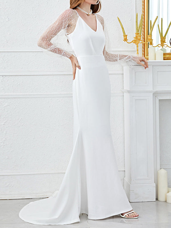 Long Sleeves Mermaid Gauze Split-Joint V-Neck Maxi Dresses