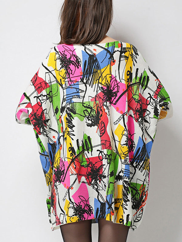 Long Sleeves Loose Printed Split-Joint Round-Neck Sweater Tops