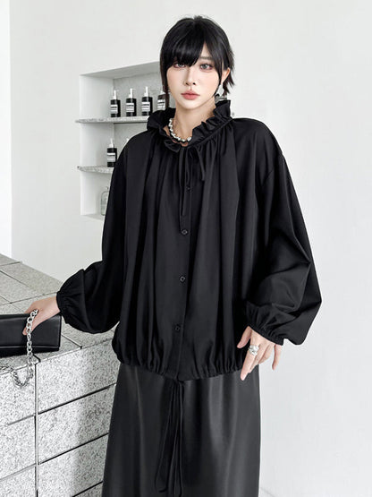 Long Sleeves Loose Drawstring Pleated Pullover Design Solid Color Lace Collar Blouses&Shirts Tops