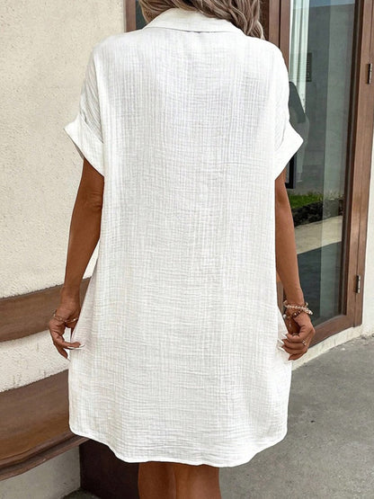 Half Sleeves Loose Buttoned Pockets Solid Color Lapel Mini Dresses