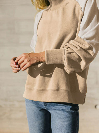 Long Sleeves Loose Contrast Color Pleated Split-Joint Round-Neck Sweatshirt Tops