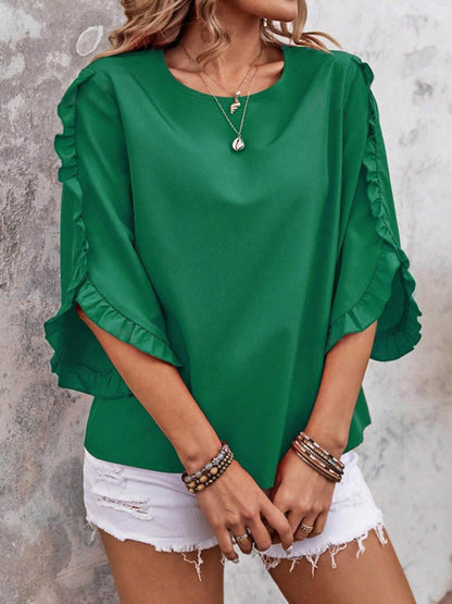 Batwing Sleeves Long Sleeves Ruffled Solid Color Split-Joint Round-Neck Blouses&Shirts Tops