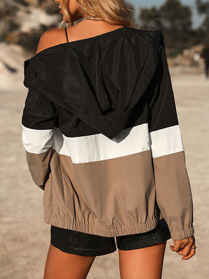 Long Sleeves Loose Contrast Color Elasticity Split-Joint Zipper Hooded Outerwear