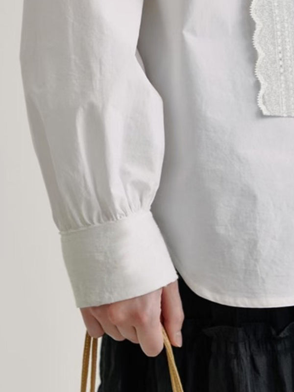 Long Sleeves Buttoned Solid Color Lace Collar Blouses&Shirts Tops