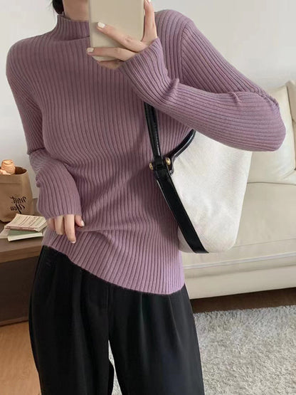 Long Sleeves Skinny Solid Color High-Neck Knitwear Pullovers Sweater Tops