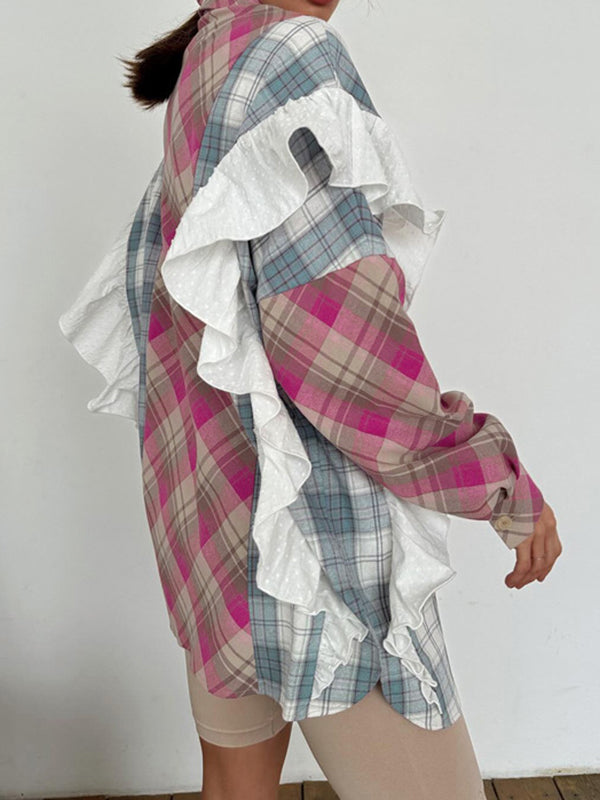 Long Sleeves Loose Buttoned Contrast Color Plaid Ruffle Trim Split-Joint Lapel Blouses&Shirts Tops