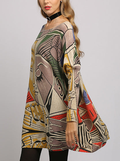 Long Sleeves Loose Figure Printed Boat Neck Knitwear