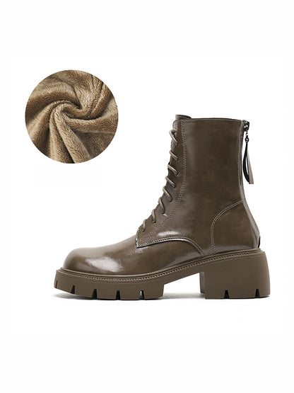 Chunky Shoes Height Increasing Lace-Up Round-Toe Solid Color Velvet Zipper Boots