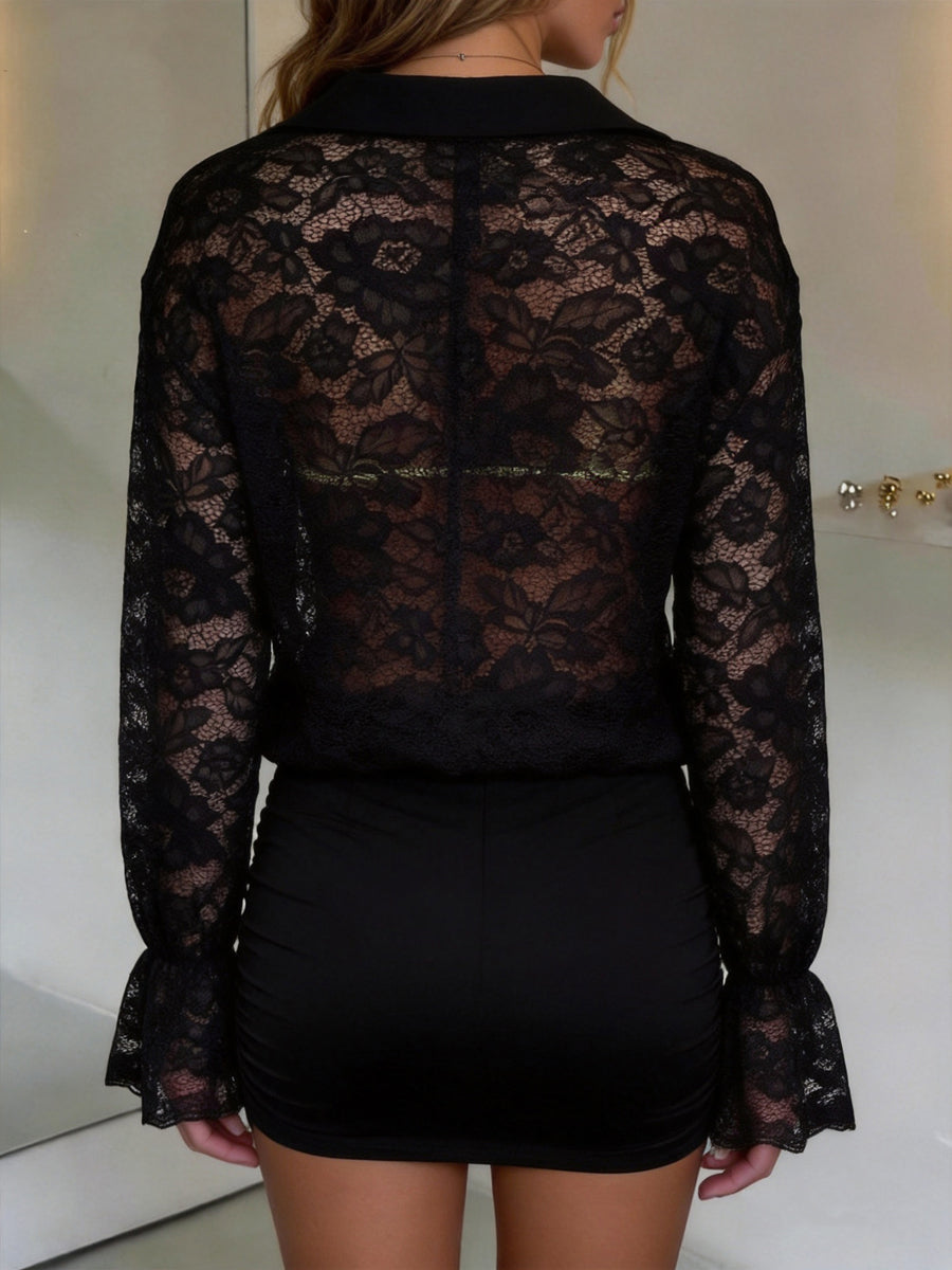 Solid Color Hollow Butterfly Long Sleeves High Waisted Lapel Cover-Up Blouses&shirts Tops