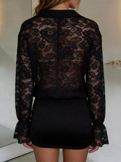 Solid Color Hollow Butterfly Long Sleeves High Waisted Lapel Cover-Up Blouses&shirts Tops