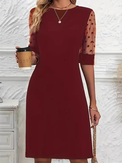 A-Line Half Sleeves Polka-Dot See-Through Solid Color Split-Joint Round-Neck Mini Dresses