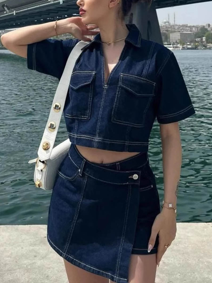 Lapel Short Sleeves Cropped Blouses&Shirts Tops + Buttoned Pockets Asymmetric Denim Shorts Two Pieces Set