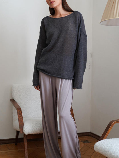 Long Sleeves Loose See-Through Solid Color Split-Joint Round-Neck Sweater Tops