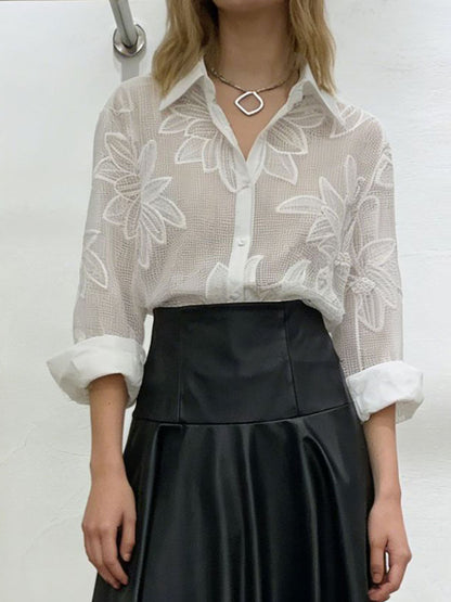 Long Sleeves Buttoned Embroidered Solid Color Lapel Blouses&Shirts Tops