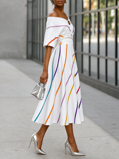 Half Sleeves High Waisted Elasticity Printed Off-The-Shoulder Midi Dresses