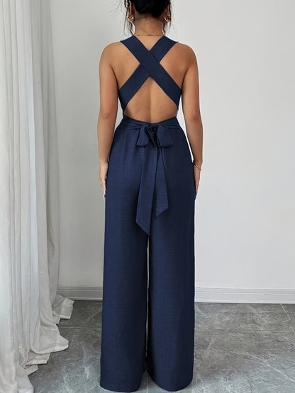 High Waisted Sleeveless Backless Solid Color Tied Spaghetti-Neck Jumpsuits
