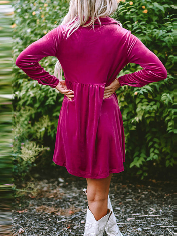 Long Sleeves Loose Pleated Split-Joint Velvet Lapel Mini Dresses Shirt Dress