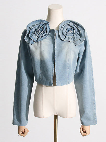Long Sleeves Loose Buckle Three-Dimensional Flower Round-Neck Denim Jackets Outerwear